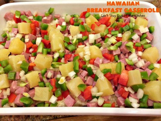 Hawaiian Breakfast Casserole | Can't Stay Out of the Kitchen | this heavenly #breakfast #casserole is made with #ham, #KingsHawaiianRolls, #pineapple & lots of #cheddarcheese. It's terrific for #holidays like #Christmas, #NewYearsDay & special occasion breakfasts. #pork #breakfastcasserole #HolidayBreakfast #ChristmasBreakfast #NewYearsDayBreakfast #Hawaiian 