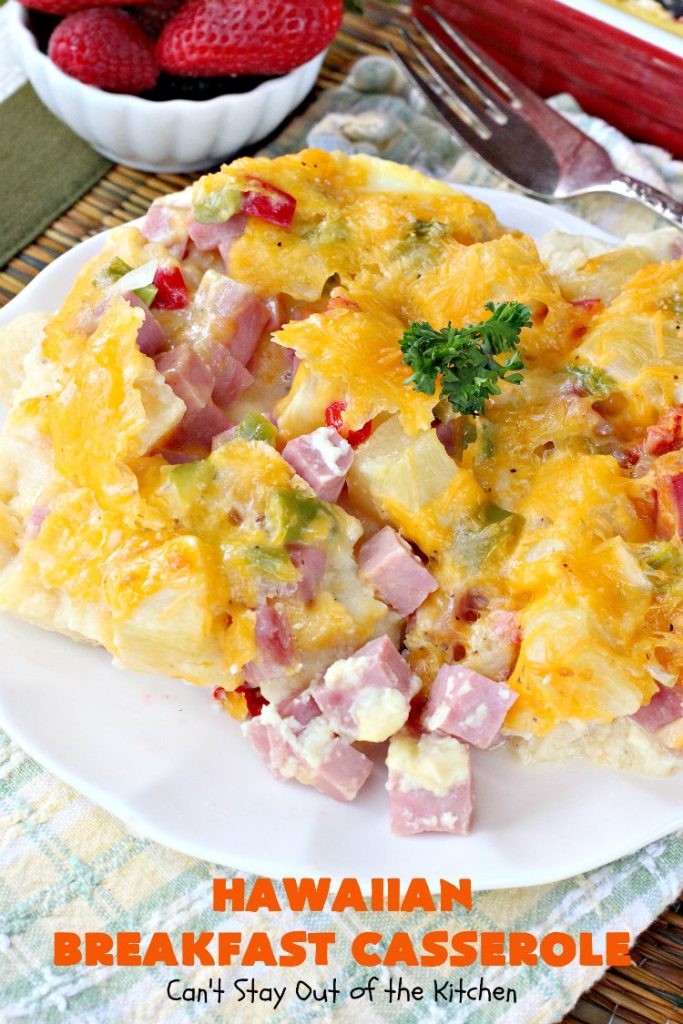 Hawaiian Breakfast Casserole | Can't Stay Out of the Kitchen | this heavenly #breakfast #casserole is made with #ham, #KingsHawaiianRolls, #pineapple & lots of #cheddarcheese. It's terrific for #holidays like #Christmas, #NewYearsDay & special occasion breakfasts. #pork #breakfastcasserole #HolidayBreakfast #ChristmasBreakfast #NewYearsDayBreakfast #Hawaiian 