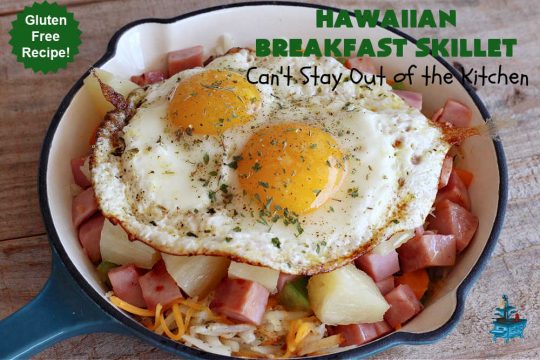 Hawaiian Breakfast Skillet | Can't Stay Out of the Kitchen | this fantastic #BreakfastSkillet includes #ham, #BellPeppers and #Pineapple for #Hawaiian flavors you'll love. There's also #HashBrowns, #eggs, #MontereyJack & #CheddarCheese. Delightful #breakfast or #brunch option for weekends, company or #holidays. #SkilletBreakfast #HolidayBreakfast #HawaiianSkilletBreakfast