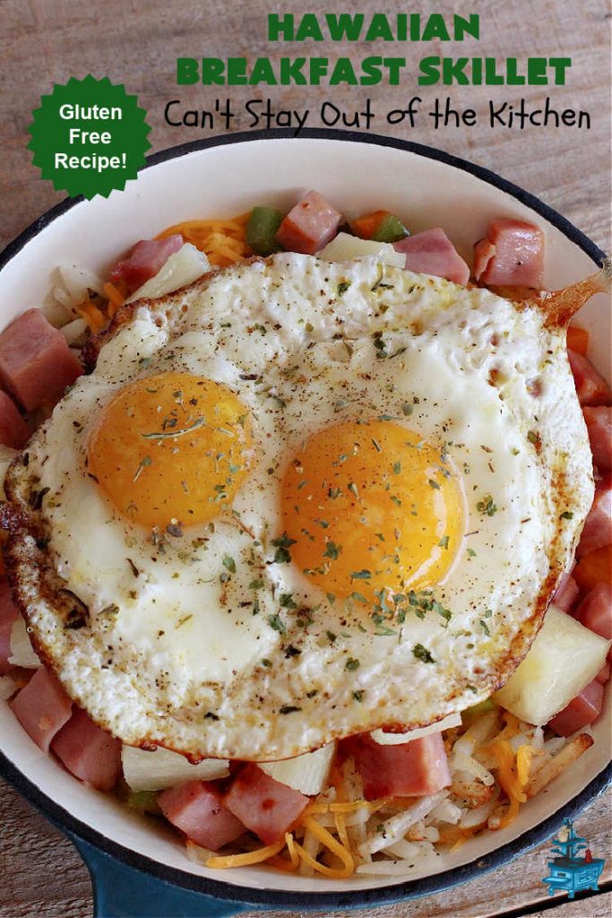 Hawaiian Breakfast Skillet | Can't Stay Out of the Kitchen | this fantastic #BreakfastSkillet includes #ham, #BellPeppers and #Pineapple for #Hawaiian flavors you'll love. There's also #HashBrowns, #eggs, #MontereyJack & #CheddarCheese. Delightful #breakfast or #brunch option for weekends, company or #holidays. #SkilletBreakfast #HolidayBreakfast #HawaiianSkilletBreakfast