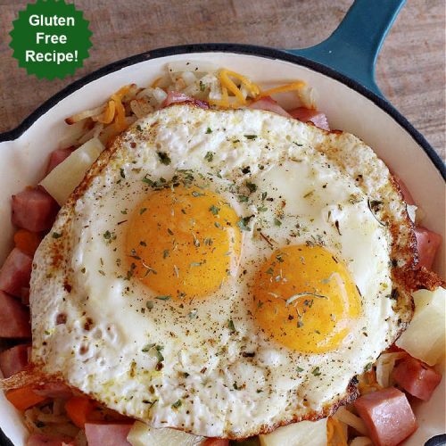 Hawaiian Breakfast Skillet | Can't Stay Out of the Kitchen | this fantastic #BreakfastSkillet includes #ham, #BellPeppers and #Pineapple for #Hawaiian flavors you'll love. There's also #HashBrowns, #eggs, #MontereyJack & #CheddarCheese. Delightful #breakfast or #brunch option for weekends, company or #holidays. #SkilletBreakfast #HolidayBreakfast #HawaiianSkilletBreakfast
