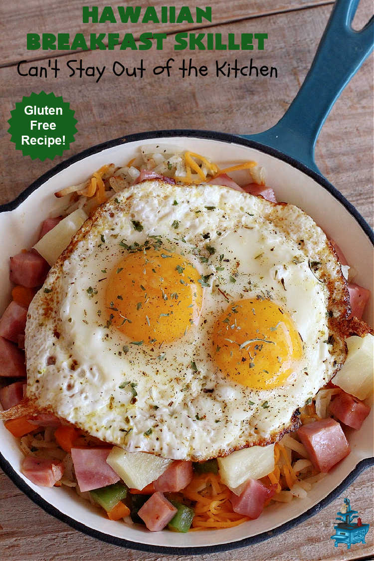 Hawaiian Breakfast Skillet | Can't Stay Out of the Kitchen | this fantastic #BreakfastSkillet includes #ham, #BellPeppers and #Pineapple for #Hawaiian flavors you'll love. There's also #HashBrowns, #eggs, #MontereyJack & #CheddarCheese. Delightful #breakfast or #brunch option for weekends, company or #holidays. #SkilletBreakfast #HolidayBreakfast #HawaiianSkilletBreakfast