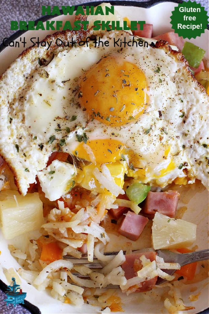 Hawaiian Breakfast Skillet | Can't Stay Out of the Kitchen | this fantastic #BreakfastSkillet includes #ham, #BellPeppers and #Pineapple for #Hawaiian flavors you'll love. There's also #HashBrowns, #eggs, #MontereyJack & #CheddarCheese. Delightful #breakfast or #brunch option for weekends, company or #holidays. #SkilletBreakfast #HolidayBreakfast #HawaiianSkilletBreakfast