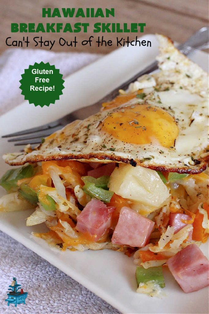 Hawaiian Breakfast Skillet | Can't Stay Out of the Kitchen | this fantastic #BreakfastSkillet includes #ham, #BellPeppers and #Pineapple for #Hawaiian flavors you'll love. There's also #HashBrowns, #eggs, #MontereyJack & #CheddarCheese. Delightful #breakfast or #brunch option for weekends, company or #holidays. #SkilletBreakfast #HolidayBreakfast #HawaiianSkilletBreakfast