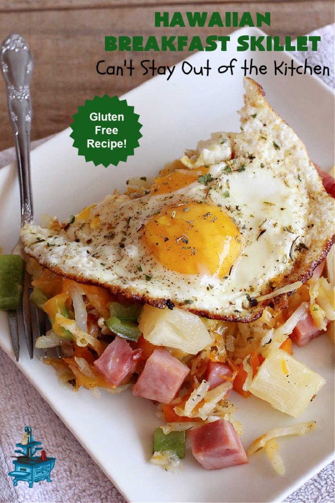 Hawaiian Breakfast Skillet | Can't Stay Out of the Kitchen | this fantastic #BreakfastSkillet includes #ham, #BellPeppers and #Pineapple for #Hawaiian flavors you'll love. There's also #HashBrowns, #eggs, #MontereyJack & #CheddarCheese. Delightful #breakfast or #brunch option for weekends, company or #holidays. #SkilletBreakfast #HolidayBreakfast #HawaiianSkilletBreakfast