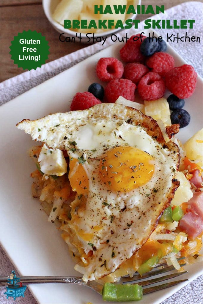 Hawaiian Breakfast Skillet | Can't Stay Out of the Kitchen | this fantastic #BreakfastSkillet includes #ham, #BellPeppers and #Pineapple for #Hawaiian flavors you'll love. There's also #HashBrowns, #eggs, #MontereyJack & #CheddarCheese. Delightful #breakfast or #brunch option for weekends, company or #holidays. #SkilletBreakfast #HolidayBreakfast #HawaiianSkilletBreakfast