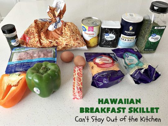 Hawaiian Breakfast Skillet | Can't Stay Out of the Kitchen | this fantastic #BreakfastSkillet includes #ham, #BellPeppers and #Pineapple for #Hawaiian flavors you'll love. There's also #HashBrowns, #eggs, #MontereyJack & #CheddarCheese. Delightful #breakfast or #brunch option for weekends, company or #holidays. #SkilletBreakfast #HolidayBreakfast #HawaiianSkilletBreakfast