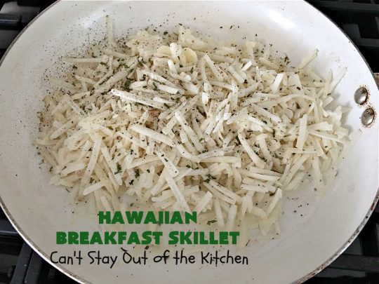 Hawaiian Breakfast Skillet | Can't Stay Out of the Kitchen | this fantastic #BreakfastSkillet includes #ham, #BellPeppers and #Pineapple for #Hawaiian flavors you'll love. There's also #HashBrowns, #eggs, #MontereyJack & #CheddarCheese. Delightful #breakfast or #brunch option for weekends, company or #holidays. #SkilletBreakfast #HolidayBreakfast #HawaiianSkilletBreakfast