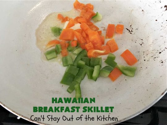 Hawaiian Breakfast Skillet | Can't Stay Out of the Kitchen | this fantastic #BreakfastSkillet includes #ham, #BellPeppers and #Pineapple for #Hawaiian flavors you'll love. There's also #HashBrowns, #eggs, #MontereyJack & #CheddarCheese. Delightful #breakfast or #brunch option for weekends, company or #holidays. #SkilletBreakfast #HolidayBreakfast #HawaiianSkilletBreakfast