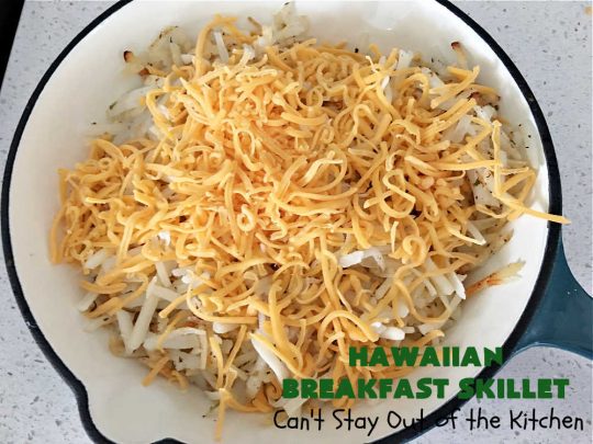 Hawaiian Breakfast Skillet | Can't Stay Out of the Kitchen | this fantastic #BreakfastSkillet includes #ham, #BellPeppers and #Pineapple for #Hawaiian flavors you'll love. There's also #HashBrowns, #eggs, #MontereyJack & #CheddarCheese. Delightful #breakfast or #brunch option for weekends, company or #holidays. #SkilletBreakfast #HolidayBreakfast #HawaiianSkilletBreakfast