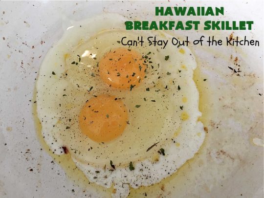 Hawaiian Breakfast Skillet | Can't Stay Out of the Kitchen | this fantastic #BreakfastSkillet includes #ham, #BellPeppers and #Pineapple for #Hawaiian flavors you'll love. There's also #HashBrowns, #eggs, #MontereyJack & #CheddarCheese. Delightful #breakfast or #brunch option for weekends, company or #holidays. #SkilletBreakfast #HolidayBreakfast #HawaiianSkilletBreakfast