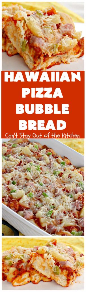Hawaiian Pizza Bubble Bread | Can't Stay Out of the Kitchen | this easy 6-ingredient recipe can be served as a #bread, an #appetizer, or a #pizza main dish. It's incredibly good and terrific for #tailgating or #SuperBowl parties. #ham #mozzarella