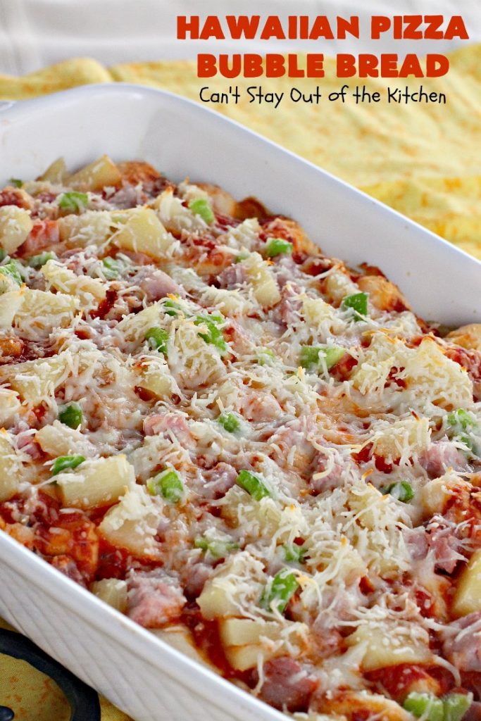 Hawaiian Pizza Bubble Bread | Can't Stay Out of the Kitchen | this easy 6-ingredient recipe can be served as a #bread, an #appetizer, or a #pizza main dish. It's incredibly good and terrific for #tailgating or #SuperBowl parties. #ham #mozzarella