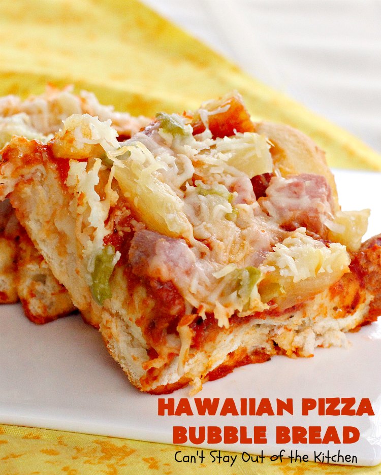 Hawaiian Pizza Bubble Bread | Can't Stay Out of the Kitchen | this easy 6-ingredient recipe can be served as a #bread, an #appetizer, or a #pizza main dish. It's incredibly good and terrific for #tailgating or #SuperBowl parties. #ham #mozzarella