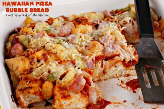 Hawaiian Pizza Bubble Bread | Can't Stay Out of the Kitchen | this easy 6-ingredient recipe can be served as a #bread, an #appetizer, or a #pizza main dish. It's incredibly good and terrific for #tailgating or #SuperBowl parties. #ham #mozzarella