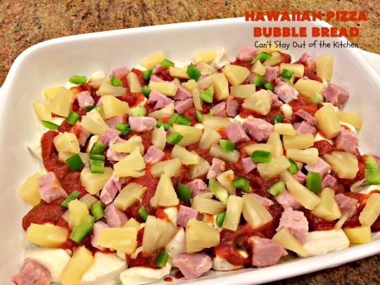 Hawaiian Pizza Bubble Bread | Can't Stay Out of the Kitchen | this easy 6-ingredient recipe can be served as a #bread, an #appetizer, or a #pizza main dish. It's incredibly good and terrific for #tailgating or #SuperBowl parties. #ham #mozzarella