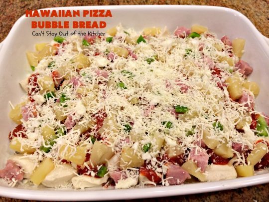 Hawaiian Pizza Bubble Bread | Can't Stay Out of the Kitchen | this easy 6-ingredient recipe can be served as a #bread, an #appetizer, or a #pizza main dish. It's incredibly good and terrific for #tailgating or #SuperBowl parties. #ham #mozzarella