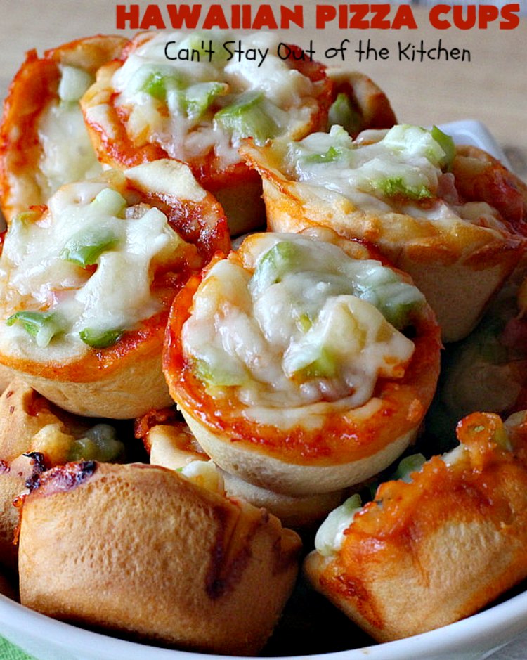 Hawaiian Pizza Cups | Can't Stay Out of the Kitchen | these fantastic miniature #pizzas are the best #appetizer of choice for #tailgating parties or the #SuperBowl! They're filled with spaghetti sauce, #ham, #pineapple & green bell pepper. Every bite is so mouthwatering, you'll be fighting others for the last one! #MozzarellaCheese #PillsburyRefrigeratedBiscuits #MiniaturePizzas #HawaiianPizzaCups