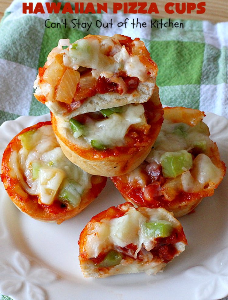 Hawaiian Pizza Cups | Can't Stay Out of the Kitchen | these fantastic miniature #pizzas are the best #appetizer of choice for #tailgating parties or the #SuperBowl! They're filled with spaghetti sauce, #ham, #pineapple & green bell pepper. Every bite is so mouthwatering, you'll be fighting others for the last one! #MozzarellaCheese #PillsburyRefrigeratedBiscuits #MiniaturePizzas #HawaiianPizzaCups