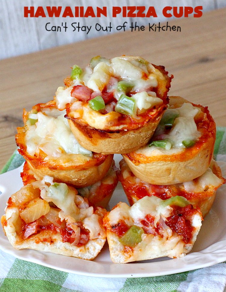 Hawaiian Pizza Cups | Can't Stay Out of the Kitchen | these fantastic miniature #pizzas are the best #appetizer of choice for #tailgating parties or the #SuperBowl! They're filled with spaghetti sauce, #ham, #pineapple & green bell pepper. Every bite is so mouthwatering, you'll be fighting others for the last one! #MozzarellaCheese #PillsburyRefrigeratedBiscuits #MiniaturePizzas #HawaiianPizzaCups