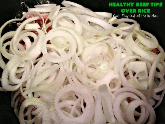 Healthy Beef Tips Over Rice | Can't Stay Out of the Kitchen | this scrumptious #beeftips #recipe uses NO canned soups or gravy mixes. It's so easy because it's made in the #crockpot. Great for company or family dinners. #beef #rice #mushrooms #glutenfree #dairyfree