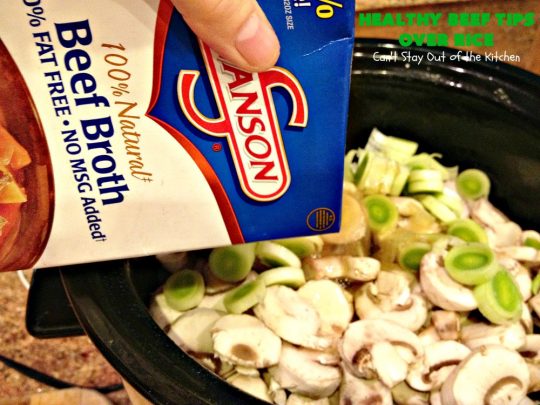 Healthy Beef Tips Over Rice | Can't Stay Out of the Kitchen | this scrumptious #beeftips #recipe uses NO canned soups or gravy mixes. It's so easy because it's made in the #crockpot. Great for company or family dinners. #beef #rice #mushrooms #glutenfree #dairyfree