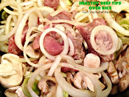 Healthy Beef Tips Over Rice | Can't Stay Out of the Kitchen | this scrumptious #beeftips #recipe uses NO canned soups or gravy mixes. It's so easy because it's made in the #crockpot. Great for company or family dinners. #beef #rice #mushrooms #glutenfree #dairyfree