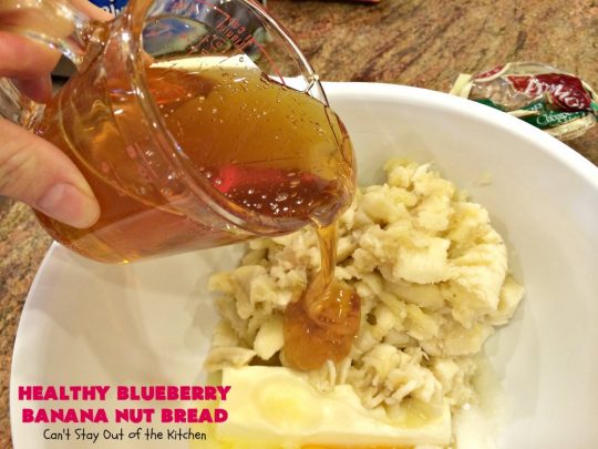 Healthy Blueberry Banana Nut Bread | Can't Stay Out of the Kitchen | this healthier version of #BananaBread uses #WholeWheatFlour, honey & #Flaxseeds. It's absolutely delicious. It's the perfect #recipe for a company or #holiday #breakfast. Everyone loves it! #bread #BlueberryBread #bananas #Healthy ##HealthyBlueberryBananaNutBread #pecans