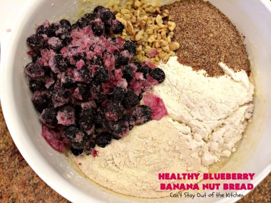 Healthy Blueberry Banana Nut Bread | Can't Stay Out of the Kitchen | this healthier version of #BananaBread uses #WholeWheatFlour, honey & #Flaxseeds. It's absolutely delicious. It's the perfect #recipe for a company or #holiday #breakfast. Everyone loves it! #bread #BlueberryBread #bananas #Healthy ##HealthyBlueberryBananaNutBread #pecans