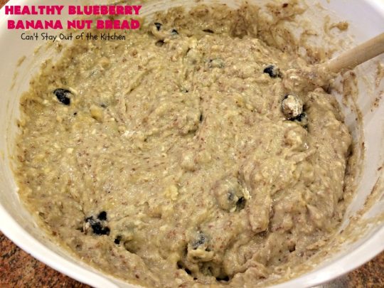 Healthy Blueberry Banana Nut Bread | Can't Stay Out of the Kitchen | this healthier version of #BananaBread uses #WholeWheatFlour, honey & #Flaxseeds. It's absolutely delicious. It's the perfect #recipe for a company or #holiday #breakfast. Everyone loves it! #bread #BlueberryBread #bananas #Healthy ##HealthyBlueberryBananaNutBread #pecans