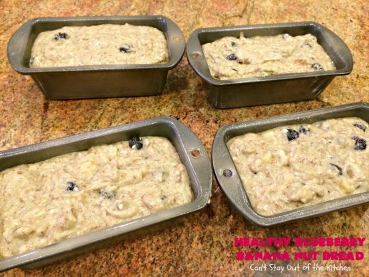 Healthy Blueberry Banana Nut Bread | Can't Stay Out of the Kitchen | this healthier version of #BananaBread uses #WholeWheatFlour, honey & #Flaxseeds. It's absolutely delicious. It's the perfect #recipe for a company or #holiday #breakfast. Everyone loves it! #bread #BlueberryBread #bananas #Healthy ##HealthyBlueberryBananaNutBread #pecans