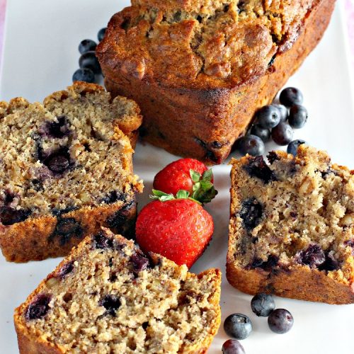 Healthy Blueberry Banana Nut Bread | Can't Stay Out of the Kitchen | this healthier version of #BananaBread uses #WholeWheatFlour, honey & #Flaxseeds. It's absolutely delicious. It's the perfect #recipe for a company or #holiday #breakfast. Everyone loves it! #bread #BlueberryBread #bananas #Healthy ##HealthyBlueberryBananaNutBread #pecans