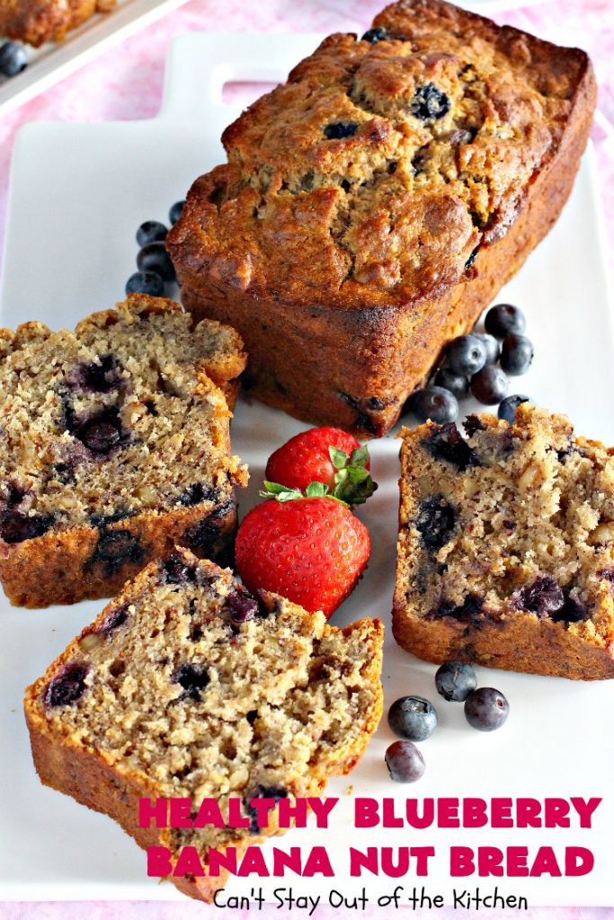 Healthy Blueberry Banana Nut Bread | Can't Stay Out of the Kitchen | this healthier version of #BananaBread uses #WholeWheatFlour, honey & #Flaxseeds. It's absolutely delicious. It's the perfect #recipe for a company or #holiday #breakfast. Everyone loves it! #bread #BlueberryBread #bananas #Healthy ##HealthyBlueberryBananaNutBread #pecans