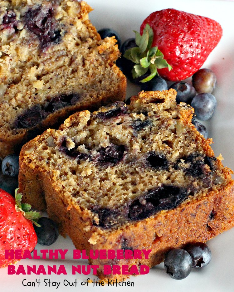 Healthy Blueberry Banana Nut Bread | Can't Stay Out of the Kitchen | this healthier version of #BananaBread uses #WholeWheatFlour, honey & #Flaxseeds. It's absolutely delicious. It's the perfect #recipe for a company or #holiday #breakfast. Everyone loves it! #bread #BlueberryBread #bananas #Healthy ##HealthyBlueberryBananaNutBread #pecans