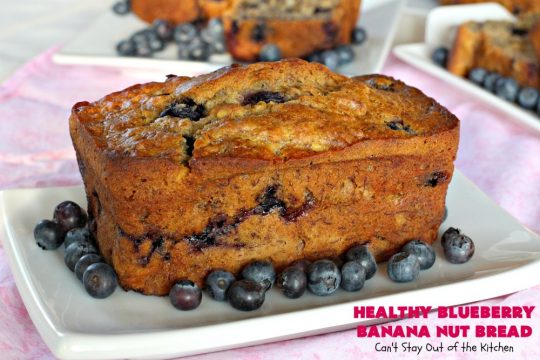 Healthy Blueberry Banana Nut Bread | Can't Stay Out of the Kitchen | this healthier version of #BananaBread uses #WholeWheatFlour, honey & #Flaxseeds. It's absolutely delicious. It's the perfect #recipe for a company or #holiday #breakfast. Everyone loves it! #bread #BlueberryBread #bananas #Healthy ##HealthyBlueberryBananaNutBread #pecans