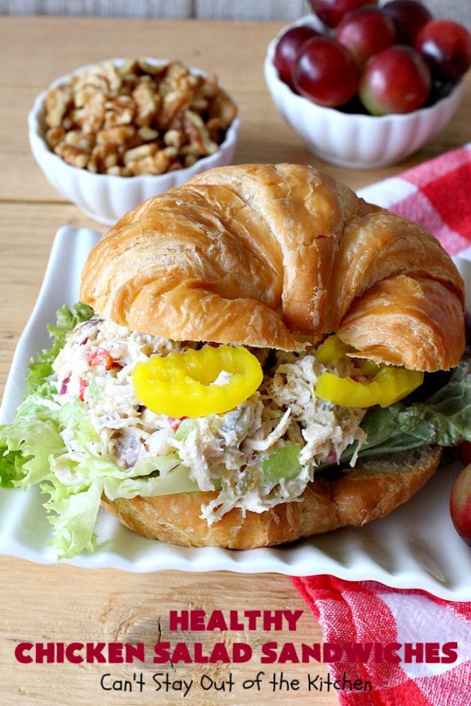 Healthy Chicken Salad Sandwiches | Can't Stay Out of the Kitchen | these amazing #ChickenSalad #sandwiches include #grapes, #walnuts & #IcelandicSkyrYogurt instead of mayonnaise! This healthier version of #ChickenSaladSandwiches is perfect for #tailgating parties or lunches. Our company drooled over them! #healthy #HealthyChickenSaladSandwiches #NoMayonnaiseChickenSalad