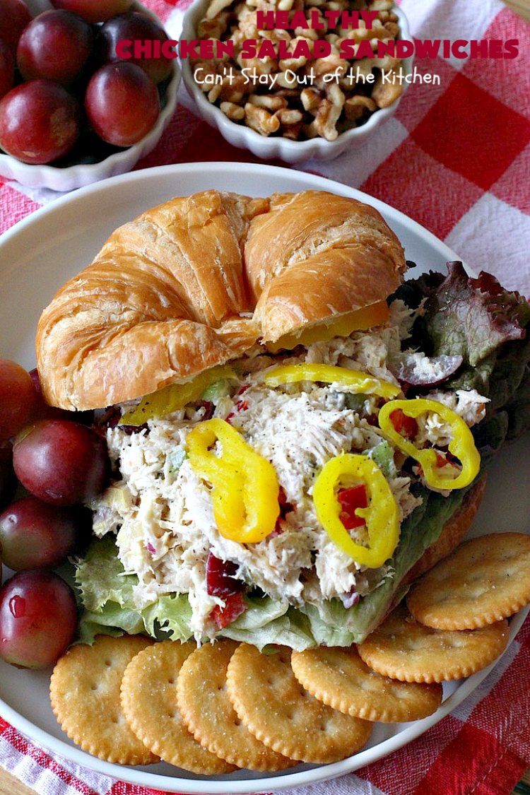 Healthy Chicken Salad Sandwiches | Can't Stay Out of the Kitchen | these amazing #ChickenSalad #sandwiches include #grapes, #walnuts & #IcelandicSkyrYogurt instead of mayonnaise! This healthier version of #ChickenSaladSandwiches is perfect for #tailgating parties or lunches. Our company drooled over them! #healthy #HealthyChickenSaladSandwiches #NoMayonnaiseChickenSalad