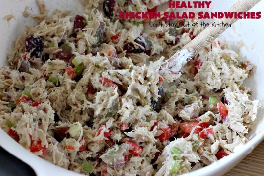 Healthy Chicken Salad Sandwiches | Can't Stay Out of the Kitchen | these amazing #ChickenSalad #sandwiches include #grapes, #walnuts & #IcelandicSkyrYogurt instead of mayonnaise! This healthier version of #ChickenSaladSandwiches is perfect for #tailgating parties or lunches. Our company drooled over them! #healthy #HealthyChickenSaladSandwiches #NoMayonnaiseChickenSalad