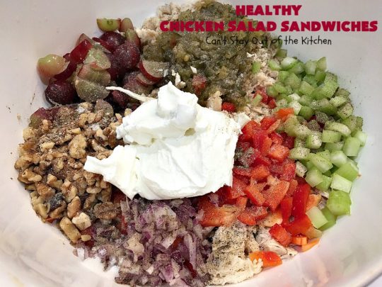 Healthy Chicken Salad Sandwiches | Can't Stay Out of the Kitchen | these amazing #ChickenSalad #sandwiches include #grapes, #walnuts & #IcelandicSkyrYogurt instead of mayonnaise! This healthier version of #ChickenSaladSandwiches is perfect for #tailgating parties or lunches. Our company drooled over them! #healthy #HealthyChickenSaladSandwiches #NoMayonnaiseChickenSalad