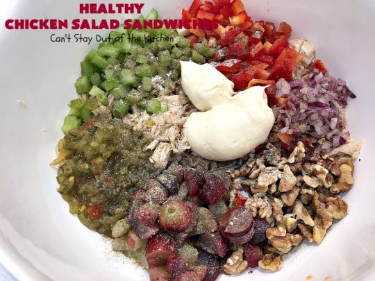 Healthy Chicken Salad Sandwiches | Can't Stay Out of the Kitchen | these amazing #ChickenSalad #sandwiches include #grapes, #walnuts & #IcelandicSkyrYogurt instead of mayonnaise! This healthier version of #ChickenSaladSandwiches is perfect for #tailgating parties or lunches. Our company drooled over them! #healthy #HealthyChickenSaladSandwiches #NoMayonnaiseChickenSalad