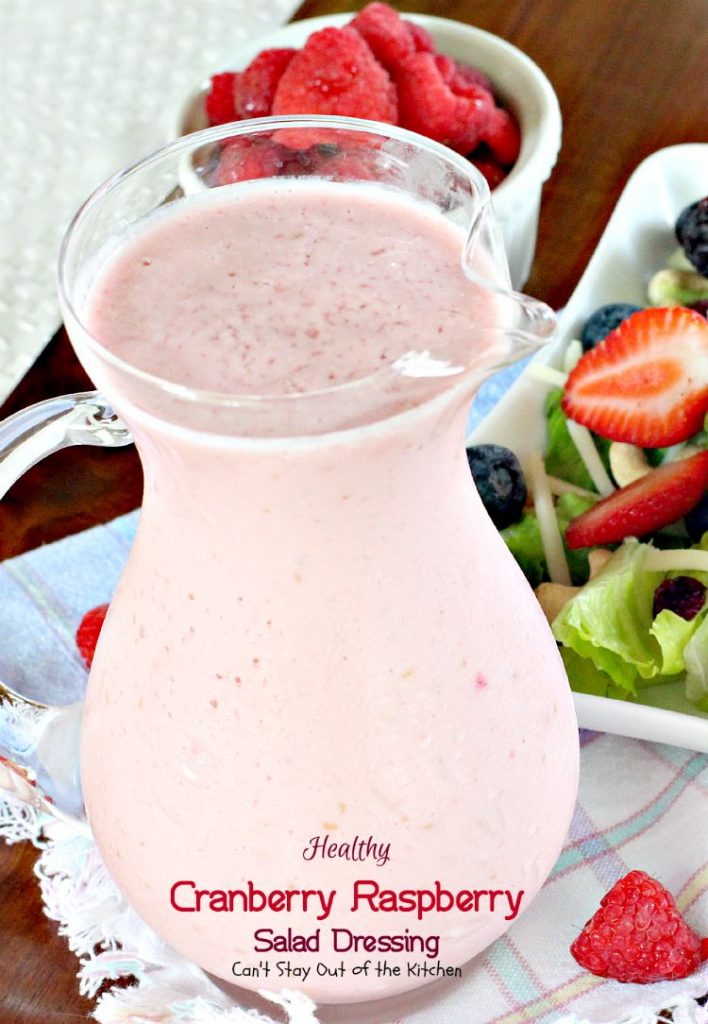 Healthy Cranberry Raspberry Salad Dressing | Can't Stay Out of the Kitchen | fabulous 5-ingredient #saladdressing using #Greekyogurt and honey. No oil, No sugar, No preservatives! #raspberries