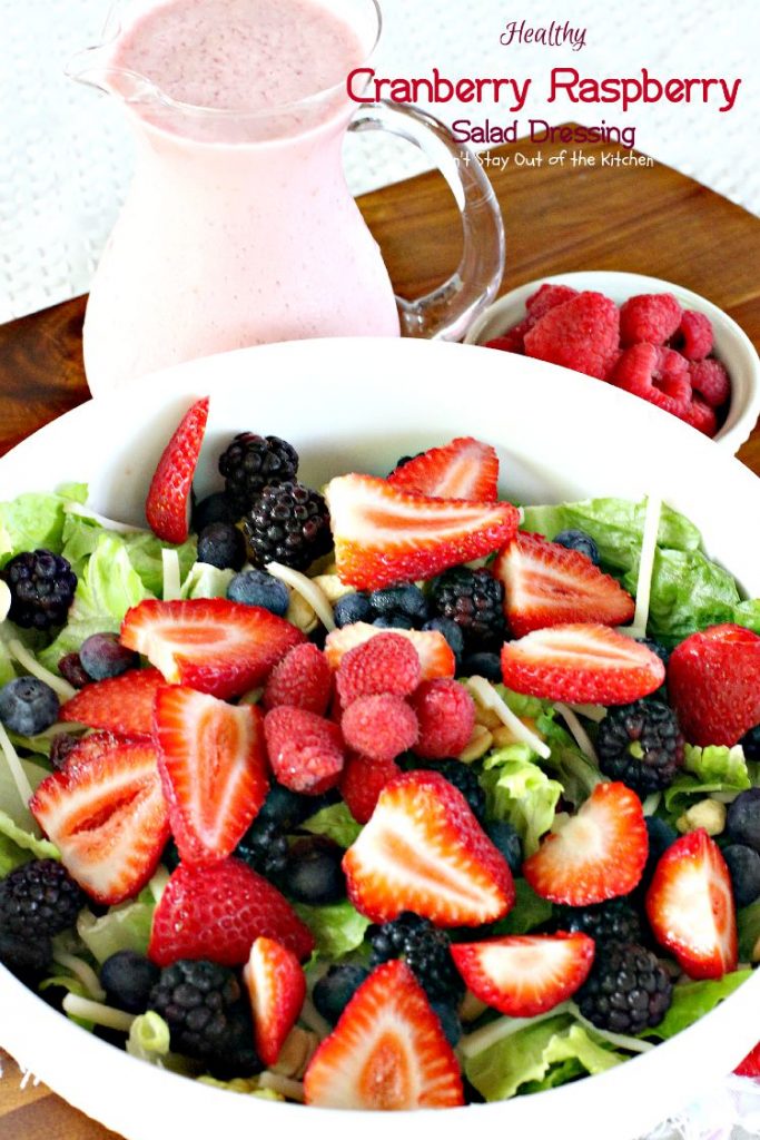 Healthy Cranberry Raspberry Salad Dressing | Can't Stay Out of the Kitchen | fabulous 5-ingredient #saladdressing using #Greekyogurt and honey. No oil, No sugar, No preservatives! #raspberries