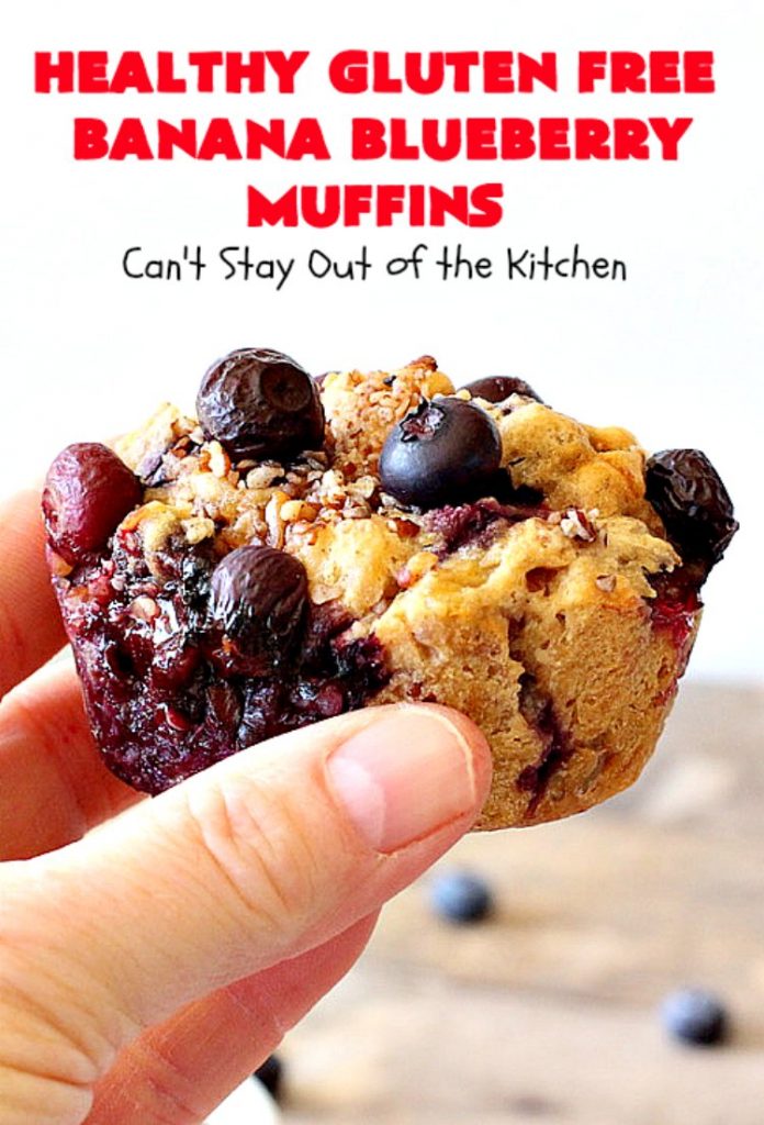 Healthy Gluten Free Banana Blueberry Muffins | Can't Stay Out of the Kitchen | these amazing #blueberry #muffins are perfect for a #company or #holiday #breakfast like #MothersDay or #FathersDay. This recipe uses #glutenfree flour & coconut sugar for a healthy, clean-eating alternative. #bananas