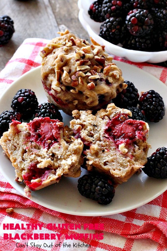 Healthy Gluten Free Blackberry Muffins | Can't Stay Out of the Kitchen | these fantastic #blackberry #muffins are made with #glutenfree flour & coconut sugar for a healthy alternative to regular muffins. They're perfect for a #holiday #breakfast like #MothersDay or #FathersDay. 