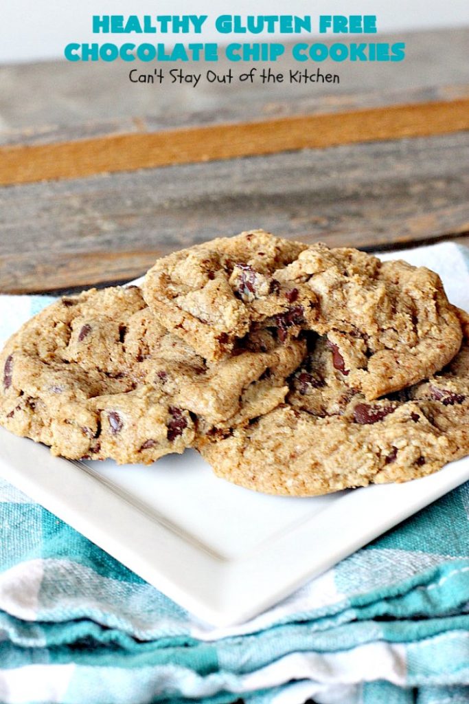 Healthy Gluten Free Chocolate Chip Cookies | Can't Stay Out of the Kitchen | these fantastic #chocolatechipcookies are made with #Krusteaz #glutenfree flour & coconut sugar. It's hard to believe this amazing #dessert is gluten free. #tailgating #chocolate #cookie