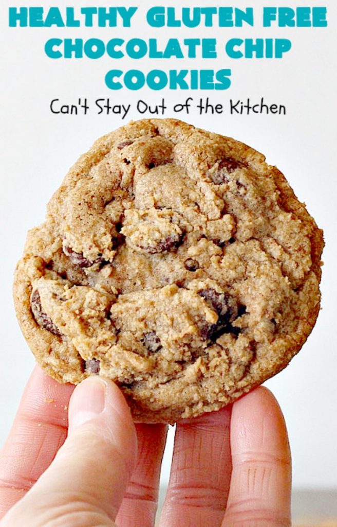 Healthy Gluten Free Chocolate Chip Cookies | Can't Stay Out of the Kitchen | these fantastic #chocolatechipcookies are made with #Krusteaz #glutenfree flour & coconut sugar. It's hard to believe this amazing #dessert is gluten free. #tailgating #chocolate #cookie