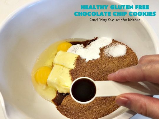 Healthy Gluten Free Chocolate Chip Cookies | Can't Stay Out of the Kitchen | these fantastic #chocolatechipcookies are made with #Krusteaz #glutenfree flour & coconut sugar. It's hard to believe this amazing #dessert is gluten free. #tailgating #chocolate #cookie