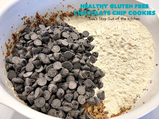 Healthy Gluten Free Chocolate Chip Cookies | Can't Stay Out of the Kitchen | these fantastic #chocolatechipcookies are made with #Krusteaz #glutenfree flour & coconut sugar. It's hard to believe this amazing #dessert is gluten free. #tailgating #chocolate #cookie