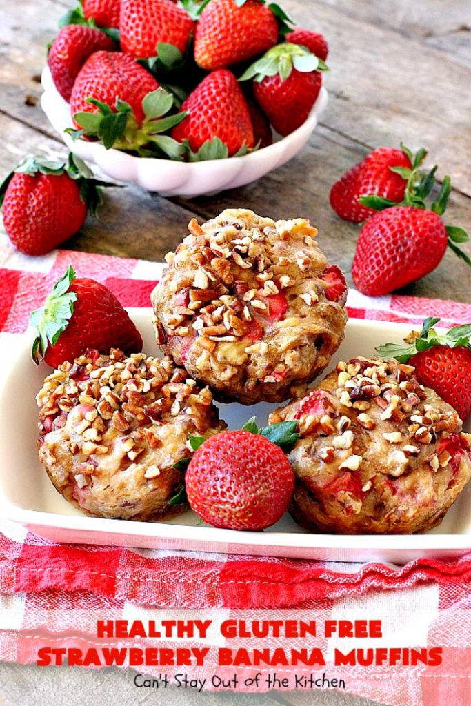 Healthy Gluten Free Strawberry Banana Muffins | Can't Stay Out of the Kitchen | We loved how these amazing #muffins turned out. They're filled with #bananas #strawberries & #pecans & made with #glutenfree flour & coconut sugar. Perfect for a #holiday #breakfast like #MothersDay or #FathersDay.