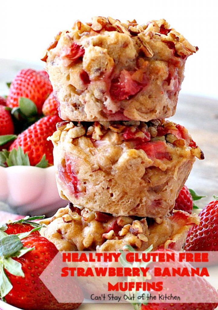Healthy Gluten Free Strawberry Banana Muffins | Can't Stay Out of the Kitchen | We loved how these amazing #muffins turned out. They're filled with #bananas #strawberries & #pecans & made with #glutenfree flour & coconut sugar. Perfect for a #holiday #breakfast like #MothersDay or #FathersDay.